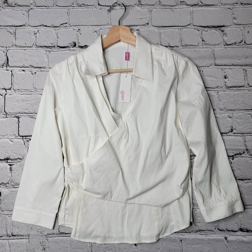 Leggiadro‎ Portrait Neck Criss Cross White Long Sleeve Blouse NWT Size 6